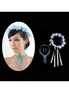 Blue Flowers Rhinestone Jewelry Set Including Necklace And Earrings