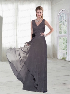 Grey V Neck Prom Dresses  with Hand Made Flowers at Low Price
