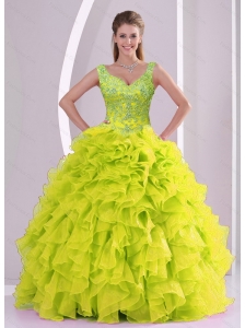 Detachable Beading and Ruffles Yellow Green Quince Dresses for 2015
