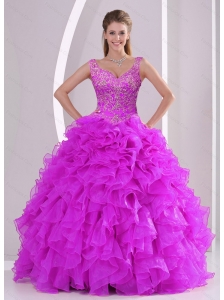Puffy Fuchsia Quince Dresses with Beading and Ruffles