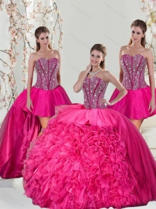 2015 Detachable Hot Pink Sweet 15 Dresses with Beading and Ruffles