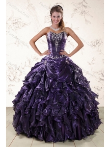 Purple Sweetheart Floor Length Quince Gowns Embroidery and Ruffles