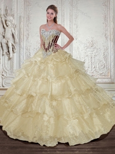 2015 Classical Champagne Quinceanera Dresses with Beading and Ruffles