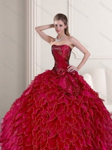 2015 Brand New Wine Red Quince Dress with Ruffles and Beading