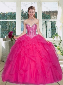 Cute Hot Pink Sweetheart Quince Gowns with Ruffles and Beading