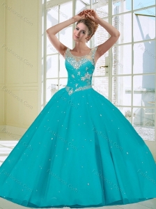 Decent 2015 Scoop Turquoise Quinceanera Dress with Beading and Appliques