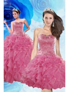 Luxurious Coral Red Quince Dresses with Beading and Ruffles