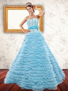 2015 Light Blue Strapless Quinceanera Dresses with Beading and Ruffled Layers