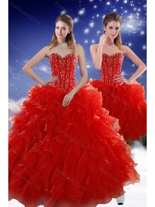 2015 Perfect Red Sweet 15 Dresses with Beading and Ruffles