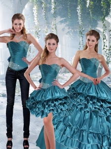 2015 Teal Sweet 16 Dresses with Ruffled Layers and Beading