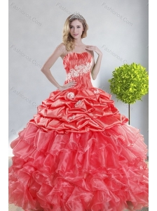 2015 Top Seller Watermelon Red Quince Dresses with Appliques and Ruffles