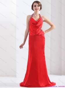 Popular Backless Halter Top Prom Dress in Coral Red