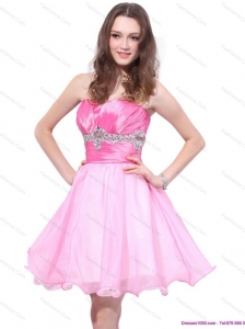 Modest Rose Pink 2015 Mini Length Prom Dresses with Beading and Ruching