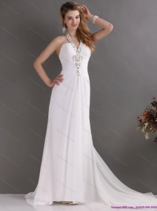 Popular 2015 Halter Top White Prom Dress with Ruching and Beading