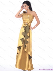 Popular One Shoulder Gold Prom Dress with Hand Made Flowers and Ruching