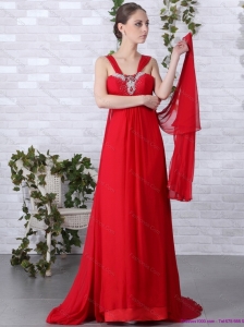 2015 Beautiful Empire Red Plus Size Prom Dress with Brush Train and Beading