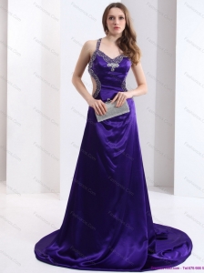 Luxurious 2015 Halter Top Purple Criss Cross Plus Size Prom Dresses with Court Train