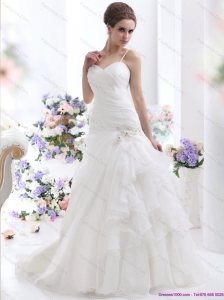 2015 New Ruched White Wedding Dresses with Brush Train and Appliques