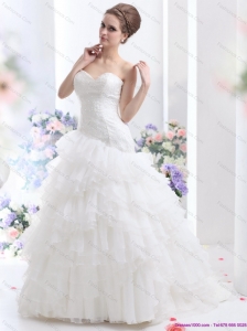 Plus Size White Brush Train Wedding Dresses with Ruffled Layers and Sequins