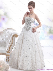 Pretty Strapless Lace White Wedding Dresses with Rhinestones