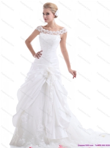 Ruffled White Lace Wedding Dresses with Brush Train and Hand Made Flower
