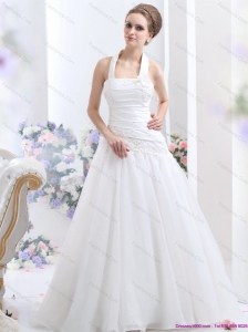 New 2015 Halter Top Wedding Dress with Ruching and Hand Made Flowers