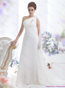 2015 Popular One Shoulder Beach Wedding Dress with Ruching and Hand Made Flowers