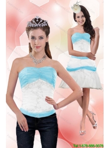 Classical 2015 Detachable Strapless Column Appliques Prom Dress in White and Blue