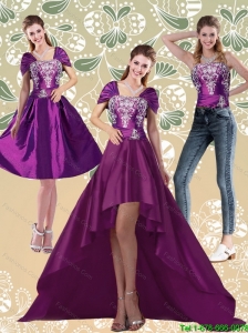 Detachable Classical High Low Embroidery Dark Purple Prom Dresses for 2015