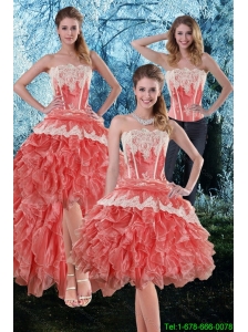 Detachable Inexpensive 2015 Appliques and Ruffles Strapless Prom Dress in Watermelon