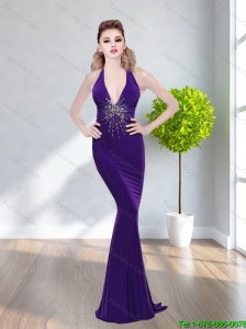 2015  Plus Size Mermaid Halter Top Beading Prom Dresses in Purple
