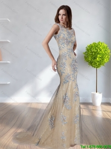 Fashionable 2015 Mermaid Scoop Champagne Elegant Bridesmaid Dresses with Appliques