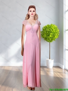 2015 New Style V Neck Beading and Appliques Rose Pink Prom Dress