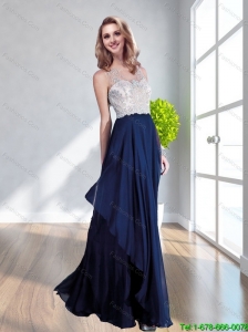 Perfect Bateau Floor Length Navy Blue Cheap Bridesmaid Dress with Lace and Ruching