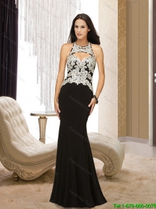 2015 Popular Empire Halter Top Backless Black Bridesmaid Dresses with Appliques