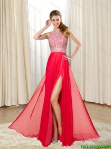 2015 Gorgeous Empire Bateau Beading and High Slit Bridesmaid Dresses in Red