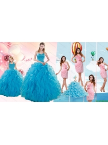 Teal Sweetheart Beading and Ruffles Sweet 16 Dress and Hand Made Flowers and Ruching Baby Pink Dama Dresses and Halter Top Ruffles Pageant Dresses for Little Girl
