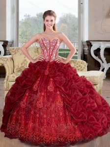 Inexpensive Sweetheart Beading and Pick Ups 2015 Sweet 16 Dresses in Wine Red