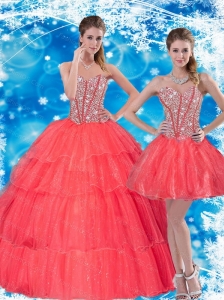 2015 Gorgeous Beading and Ruffled Layers Sweetheart  Quinceanera Dresses in Coral Red