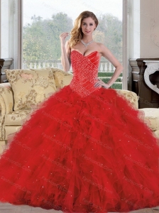 2015 Unique Sweetheart Red Quinceanera Dresses with Appliques and Ruffles