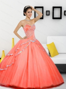 Unique Beading Sweetheart 2015 Quinceanera Gown in Orange Red