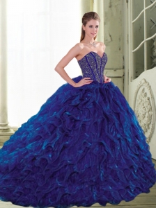 Modest 2015 Sweetheart Beading and Ruffles Navy Blue Quinceanera Dresses