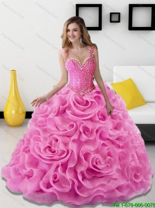 2015 Gorgeous Beading and Rolling Flowers Rose Pink 15 Quinceanera Dresses