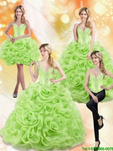 Modest Spring Green 15 Quinceanera Dresses with Beading and Rolling Flowers