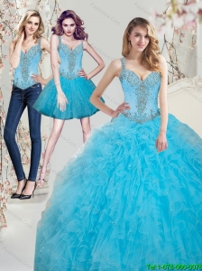 2015 Custom Made Beading Aqua Blue Quinceanera Dresses