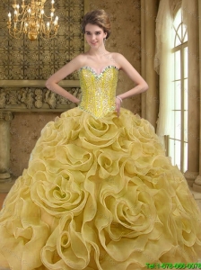 Custom Made Sweetheart Beading and Rolling Flowers Gold 2015 Quinceanera Dresses