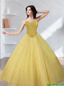 Perfect Tulle Beading Sweetheart Gold Quinceanera Dresses for 2015