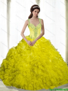 2015 Puffy Yellow Beading and Ruffles Sweetheart Quinceanera Dresses