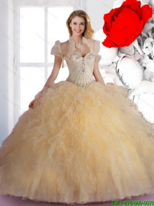 Luxurious 2015 Quinceanera Dresses with Beading and Ruffles in Champagne