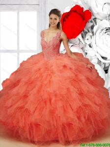 Pretty 2015 Summer V Neck Beaded Quinceanera Dresses in Orange Red